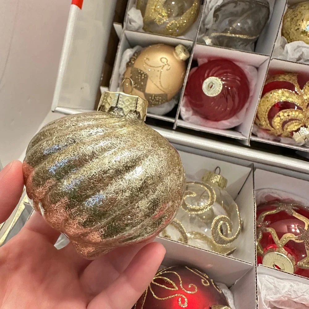 Winter Lane 20 Piece Glass Christmas Ornament Set Red Gold Champagne Glitter Box